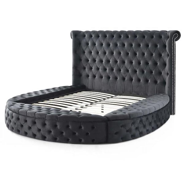 Better Home Products Elizabeth Upholstered Round Storage Queen Size Bed, Black ELIZ-50-ROUND-BLK - main